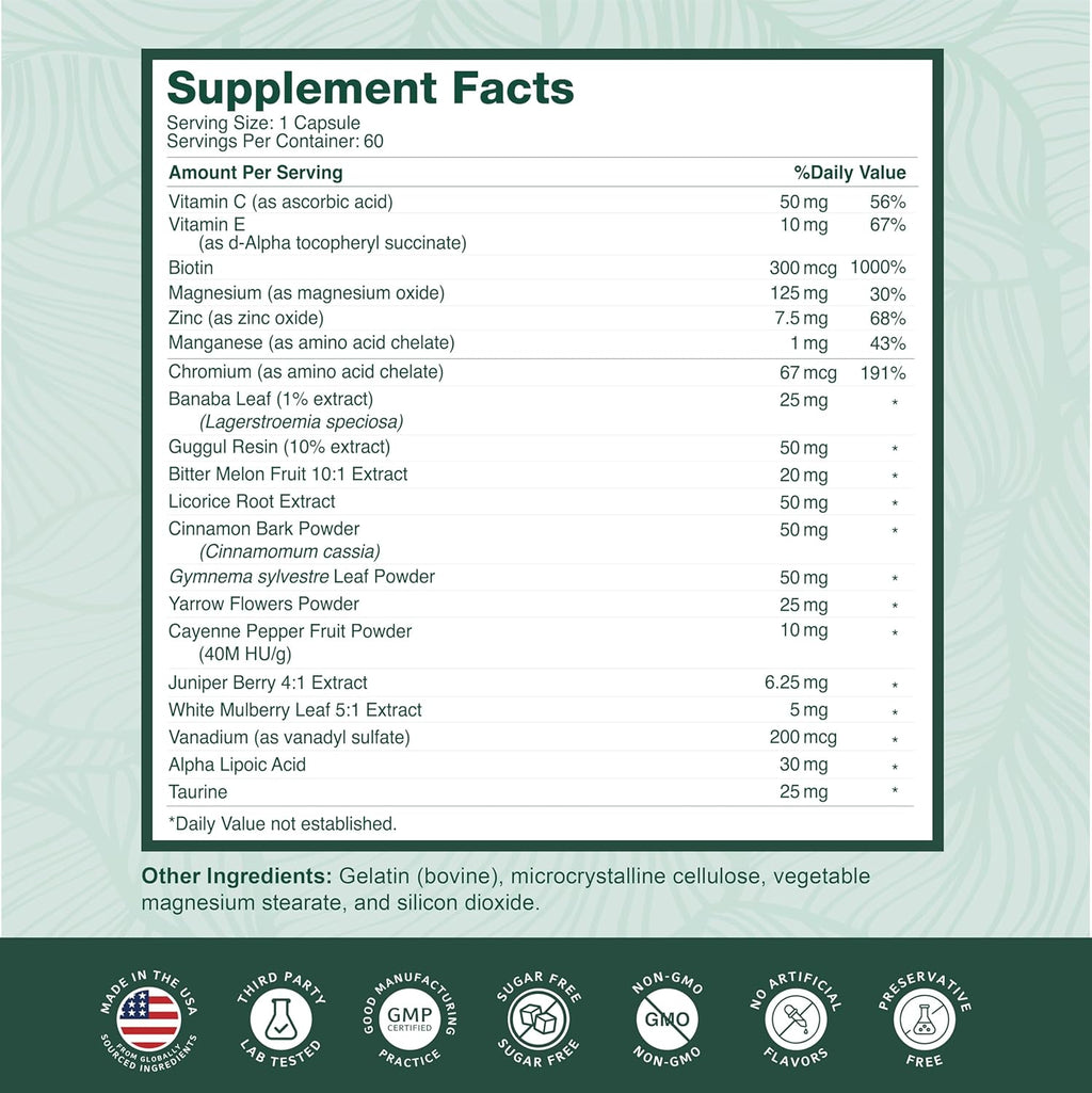 PurePremium Normal Blood Sugar Support Supplement - 20 Active Ingredients Complex to Support Blood Sugar Levels Already in The Normal Range - with Cinnamon, Bitter Melon, Chromium, Mulberry - 60ct
