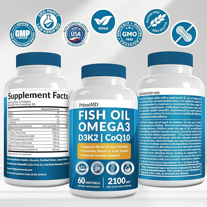 4-in-1 Fish Oil Omega 3 Fatty Supplements (2100mg) - Omega 3 Fish Oil with Vitamins D3 K2 and CoQ10 - Lemon Flavored (60 softgels)