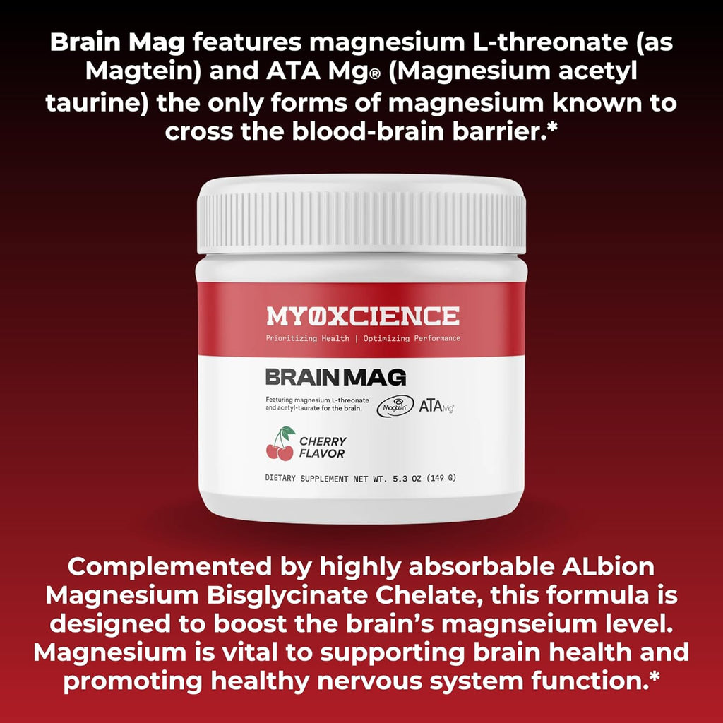 Brain Mag Magnesium L-Threonate (Magtein) w/Mag Taurate (ATA Mag) Mag Glycinate for Brain Support | 60 Servings (Cherry)