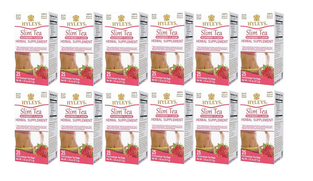 Hyleys Slim Tea Raspberry Flavor - Weight Loss Herbal Supplement Cleanse and Detox - 25 Tea Bags (12 Pack)