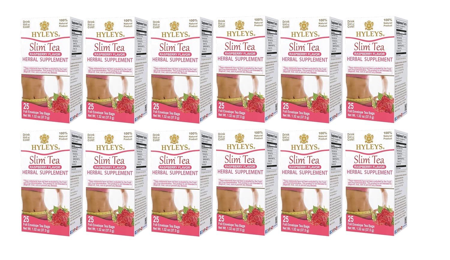 Hyleys Slim Tea Raspberry Flavor - Weight Loss Herbal Supplement Cleanse and Detox - 25 Tea Bags (12 Pack)