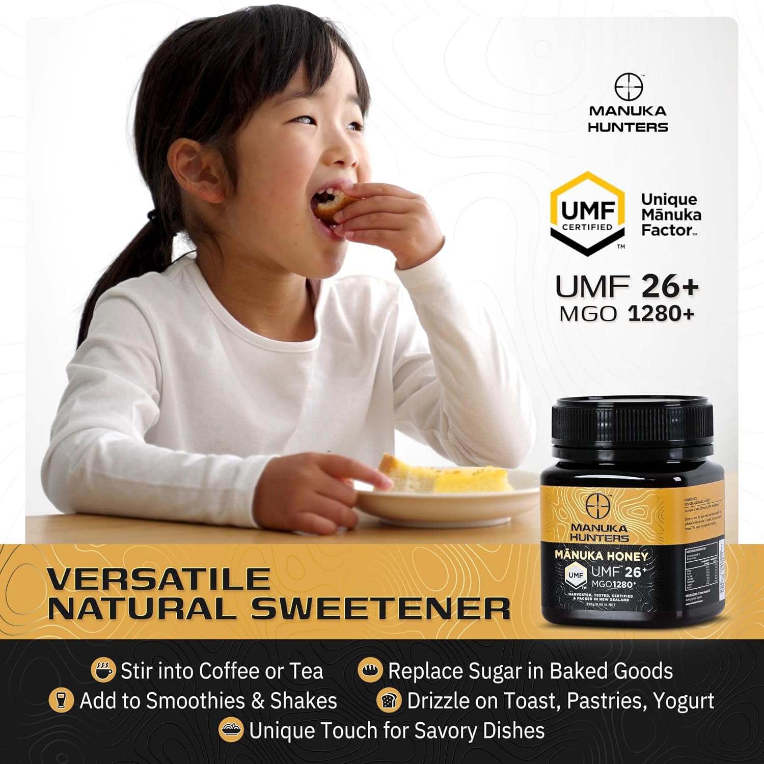 Manuka Hunters UMF 26+/MGO 1280+ Certified New Zealand Manuka Honey - 100% Pure Natural Sweetener - Gluten, Dairy Free - Ideal for Tea, Coffee, Smoothies, and Baking - Sustainable - 8.8oz/250g Jar