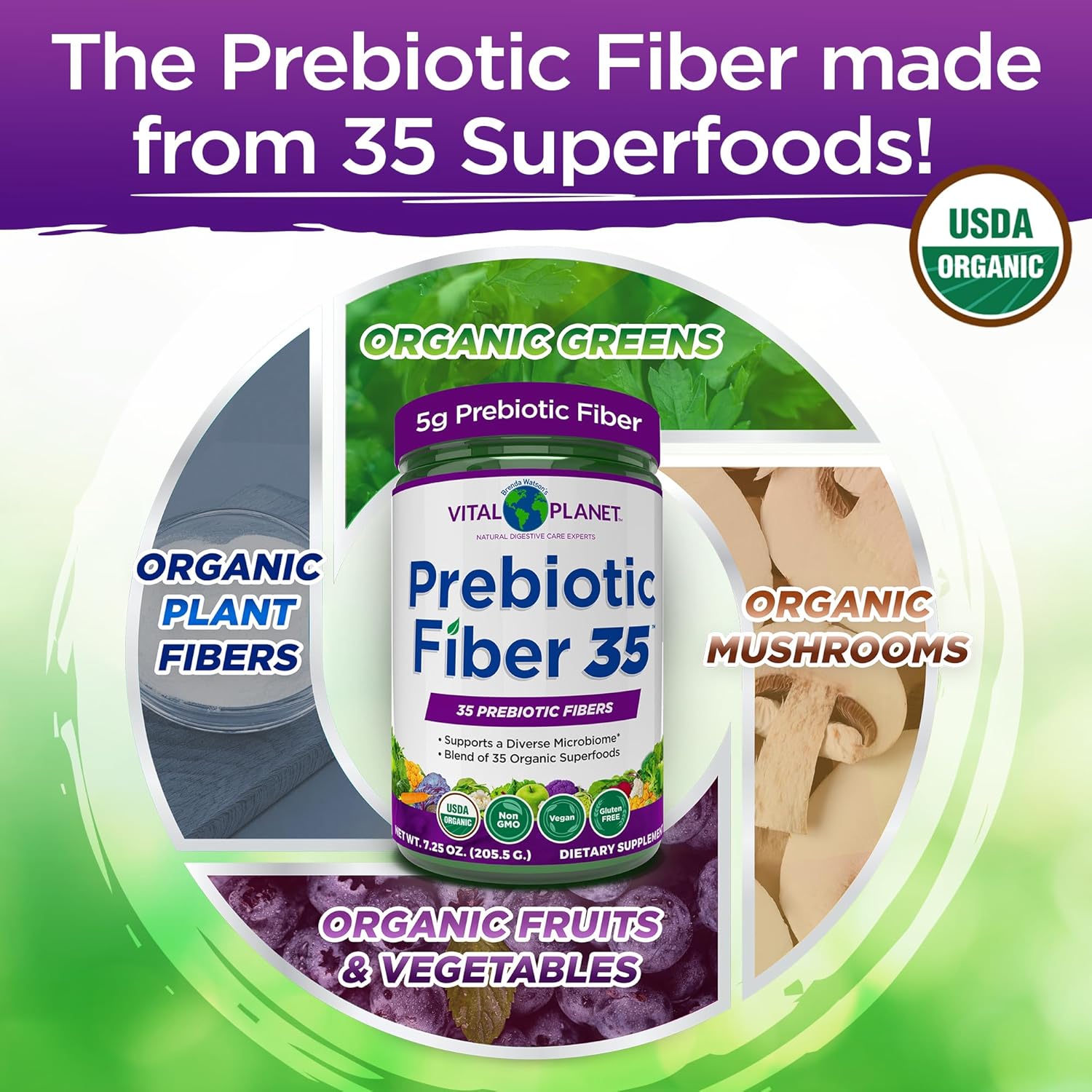 Vital Planet - Fiber 35 Powder Diverse Fiber Supplement for Dietary Support and Occasional Constipation with 35 Prebiotic Fibers and 35 Organic Superfoods to Maintain Bowel Regularity, 6.77 oz