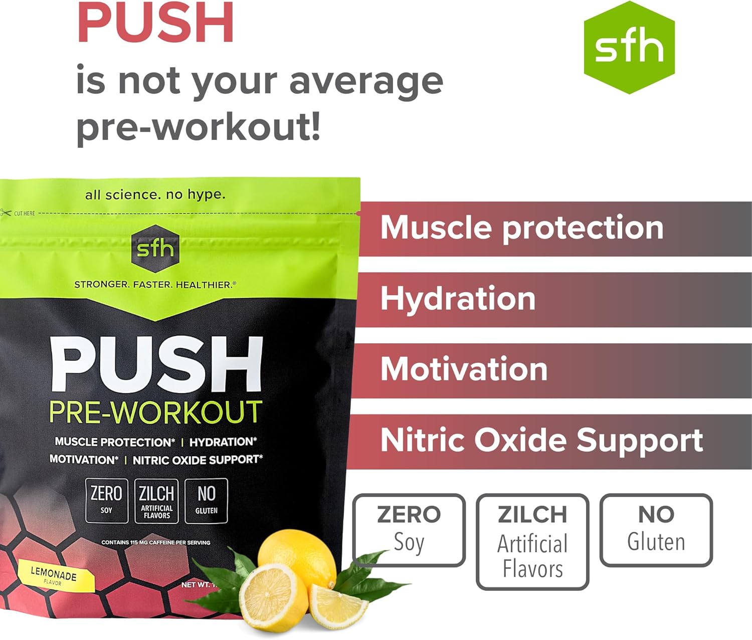 SFH Push Pre-Workout Powder (Lemonade) BCAAs for Muscle Repair | Electrolytes | Non-Dairy, No Artificial Flavors, Colors, Sugar, Soy, Gluten, or GMOs (Bag)