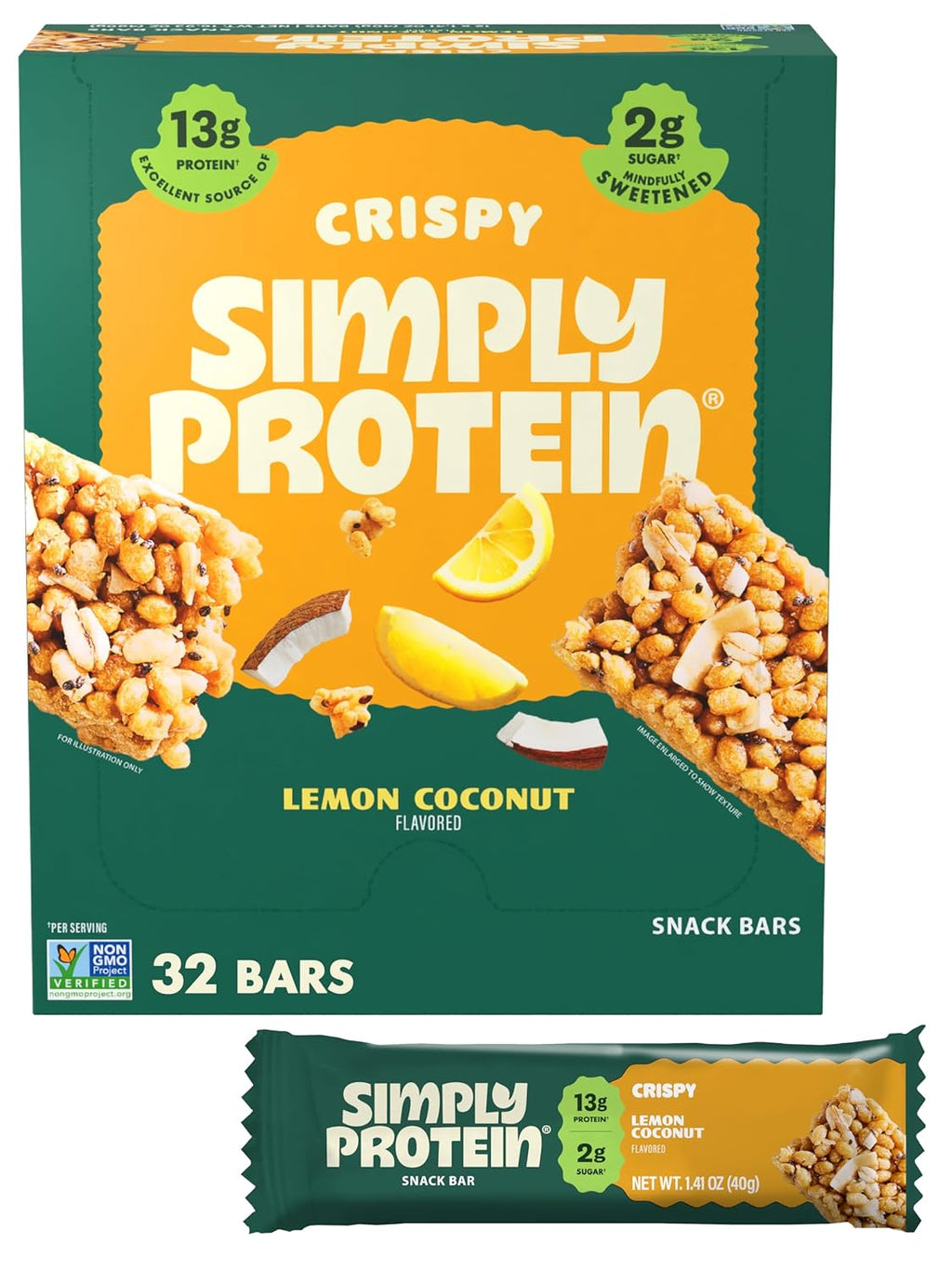 Simply Protein - Lemon Coconut Crispy Bars - Plant Based Protein Bars - Low Carb, Low Sugar, High Fiber - 13g Protein, 2g Sugar, 7g Fiber - Vegan, Gluten Free, Non GMO, Kosher - 32 Bars
