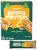 Simply Protein - Lemon Coconut Crispy Bars - Plant Based Protein Bars - Low Carb, Low Sugar, High Fiber - 13g Protein, 2g Sugar, 7g Fiber - Vegan, Gluten Free, Non GMO, Kosher - 32 Bars