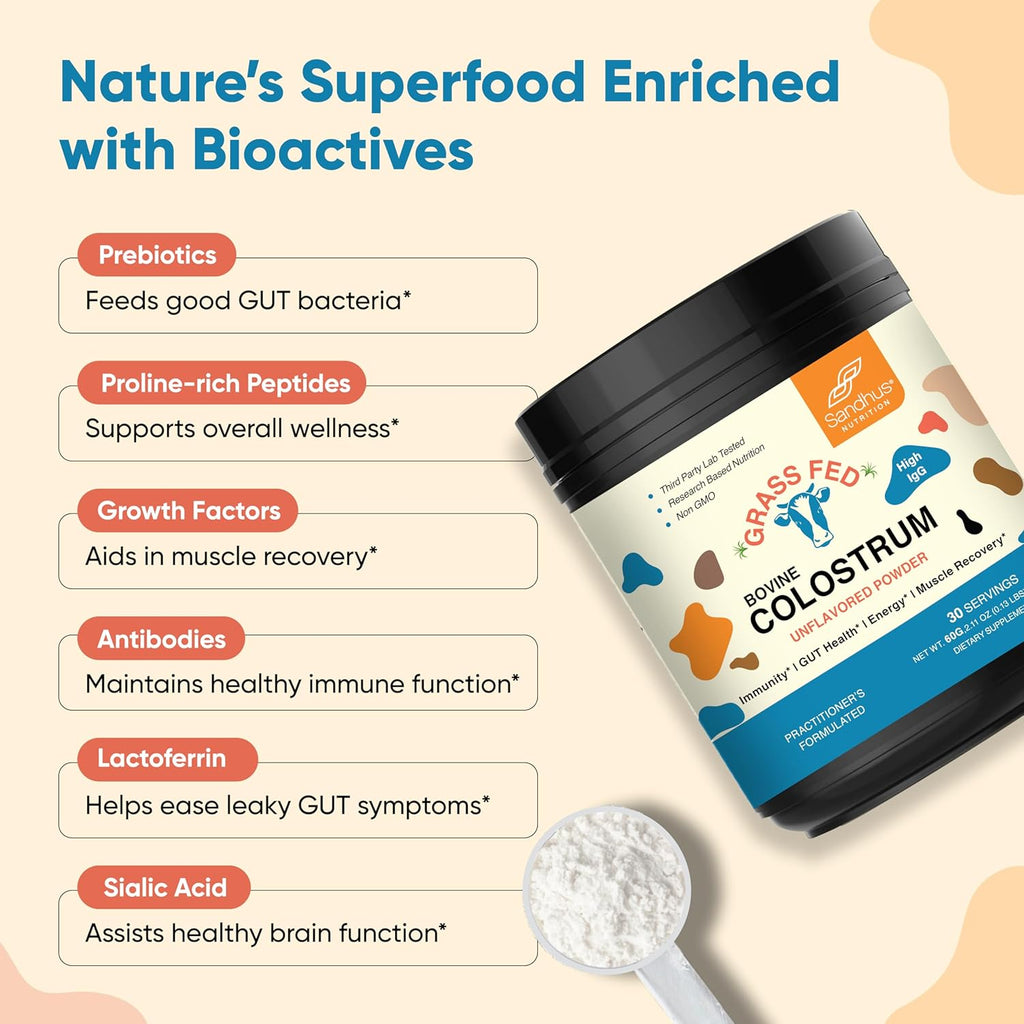 Sandhu's Grass Fed Bovine Colostrum Powder for Humans, Adults | 30 Servings (Pack of 1) Cows Supplement | High IgG for Gut Health | Immunity & Muscle Recovery Support | Unflavored | for Men & Women