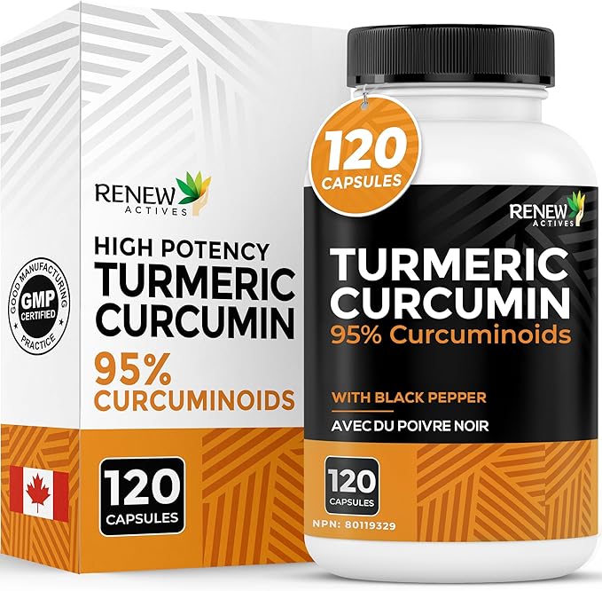 Renew Actives Turmeric Curcumin with Black Pepper – 600MG Turmeric Root, 100MG Curcuminoids per 2 Capsules – Supports Digestion, Liver Health, Joint Relief & Mobility – Made in Canada – 120 Capsules