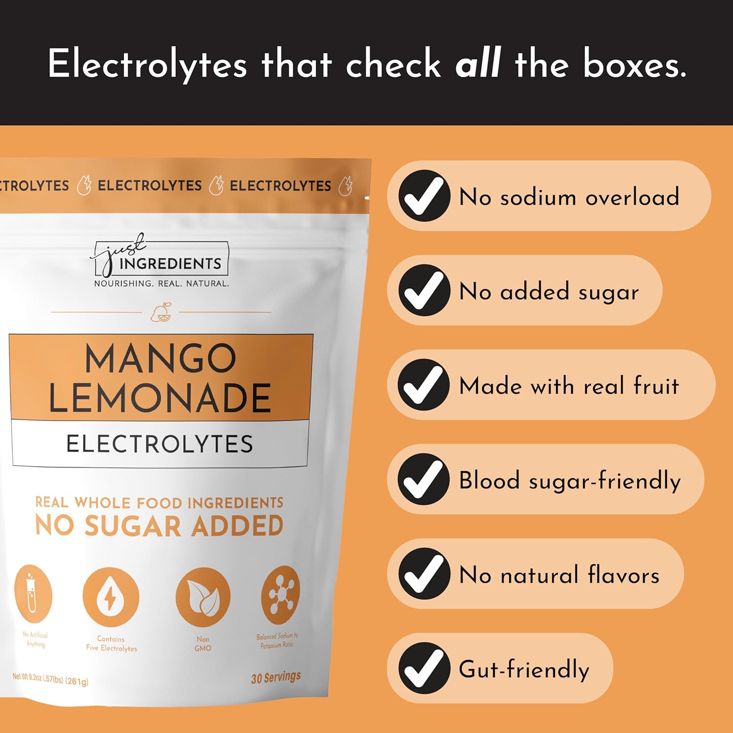 JUST INGREDIENTS Mango Lemonade Electrolyte Drink Mix - Coconut Water, Sea Salt, Trace Minerals - 30 Servings