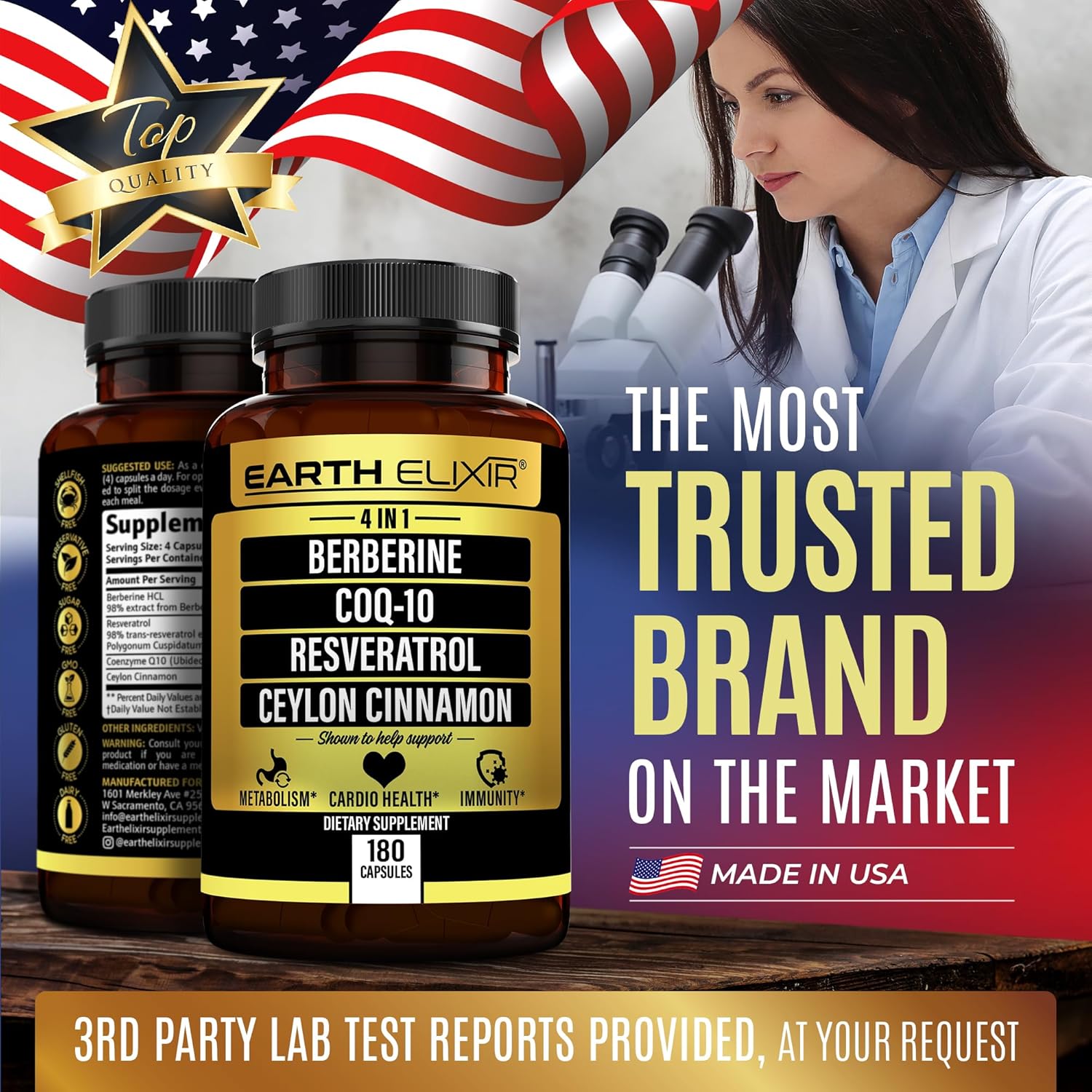 4-in-1 Berberine Supplement 1160mg (180 Caps) w/ 180mg COQ10, 380mg Resveratrol & 120mg of Ceylon Cinnamon –3rd Party Tested– Berberine w/Ceylon Cinnamon Supplements –Max Purity– CO Q 10