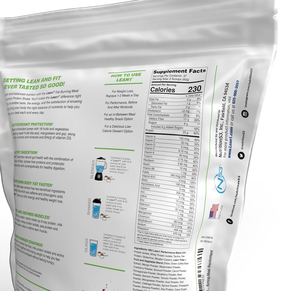 Lean1 Chocolate 5 Pound (37 Servings), Fat Burning Meal Replacement