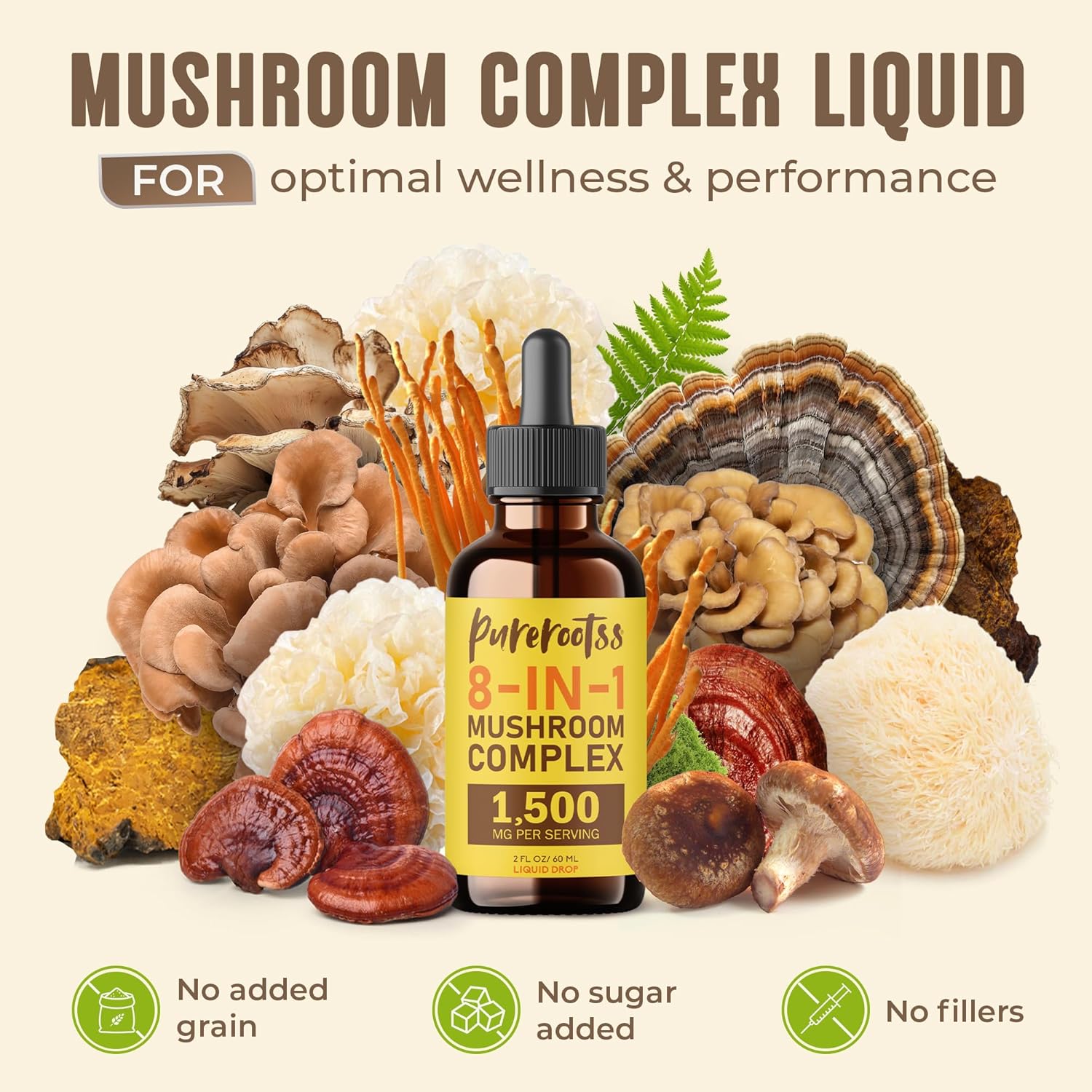 Mushroom Complex Liquid Drop 1500 MG (2 Fl Oz, Pack 1) - Lion Mane, Turkey Tail, Cordyceps, Chaga - Cognitive Health, Memory Focus, Energy & Immune Support - Sugar Free, Non-GMO