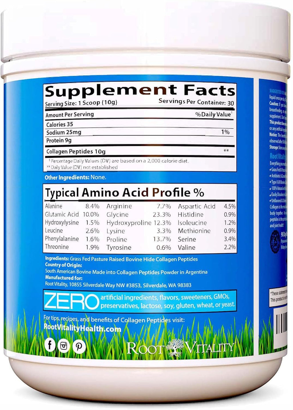 Root Vitality Collagen Peptides Powder - Grass-Fed, Pasture-Raised Hydrolyzed Protein Supplement for Skin, Hair, & Nails - Non-GMO, Zero Sugar Daily Supplement for Men & Women (30 Servings)