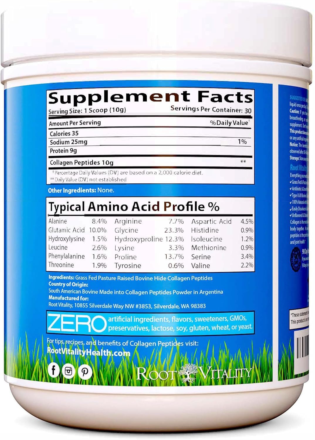 Root Vitality Collagen Peptides Powder - Grass-Fed, Pasture-Raised Hydrolyzed Protein Supplement for Skin, Hair, & Nails - Non-GMO, Zero Sugar Daily Supplement for Men & Women (30 Servings)