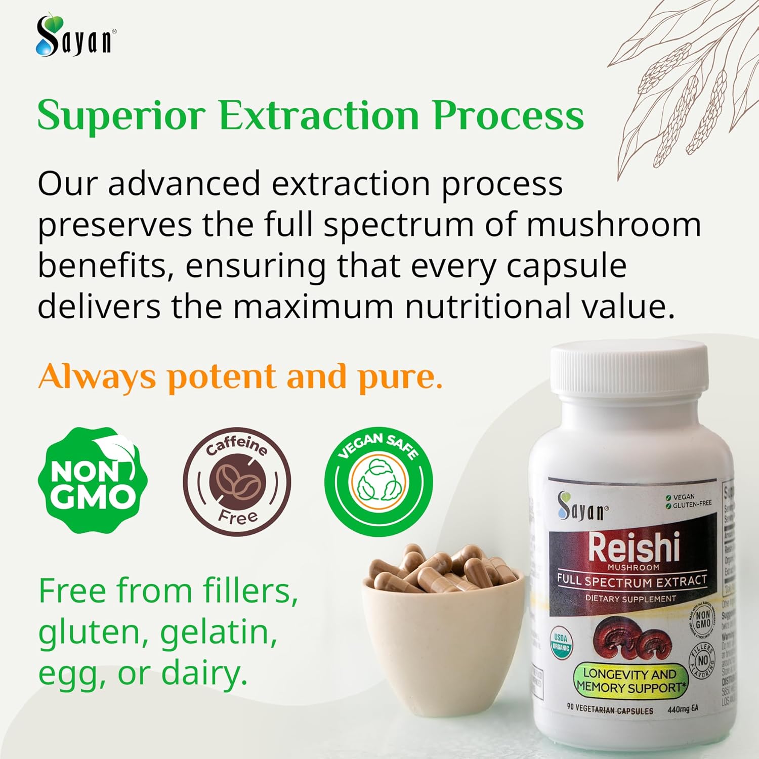 Sayan Reishi Mushroom Extract 90 Capsules/440mg Each – Longevity, Vitality, Wellness & Immune Support Supplement – USDA Organic & Vegan – Non-GMO, No Fillers, or Additives – Always Pure and Potent