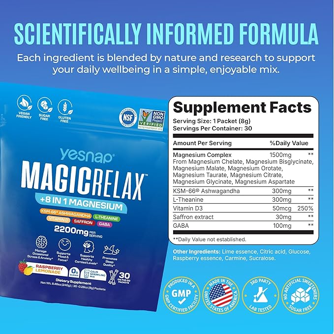 MAGICRELAX Calming Sparking Mix 8-in-1 Magnesium KSM-66 Ashwagandha Saffron Vitamin D3 GABA L-Theanine Supports Healthy Cortisol Levels,Mood and Sleep No Sugar Non GMO Raspberry Lemonade Flavor