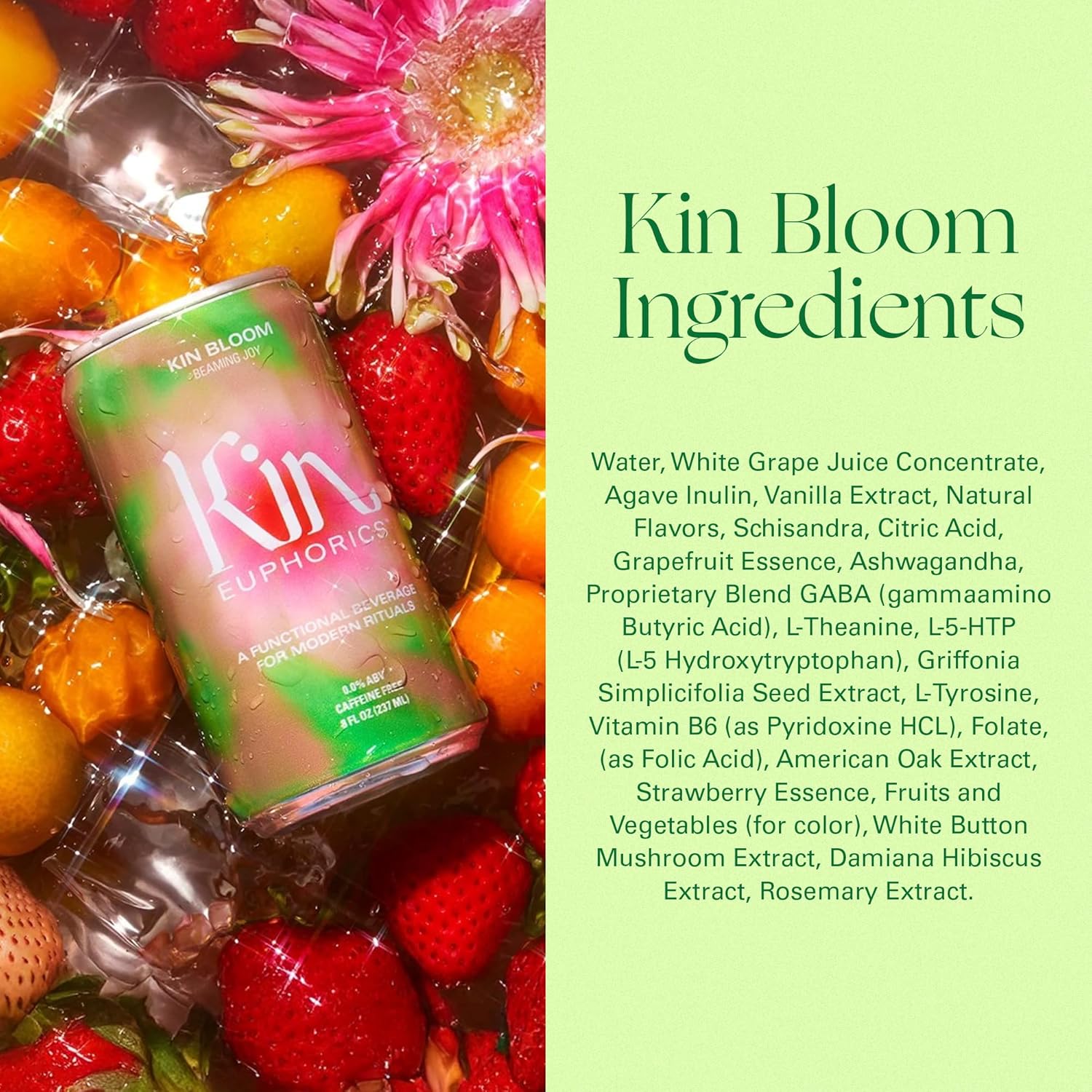 Kin Euphorics Kin Bloom Non-Alcoholic Functional Beverage | All day rosé | Elevate Your Mind & Spirit | Prebiotic | Strawberry, White Grape, Oak, Rosemary Citrus | 8 Fl Oz (24pk)