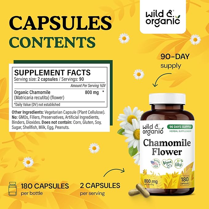 Wild & Organic Chamomile Extract Capsules 800 mg - Relaxation & Digestive Support - Chamomile Powder Supplement - Matricaria Recutita Herb - Vegan, No Fillers, Non-GMO - 180 Count