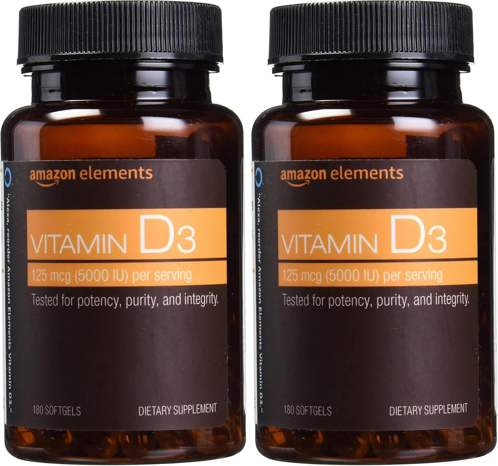 Amazon Elements Vitamin D3, 5000 IU, 180 Softgels, 6 Month Supply (Packaging May Vary), Supports Strong Bones and Immune Health (Pack of 2)