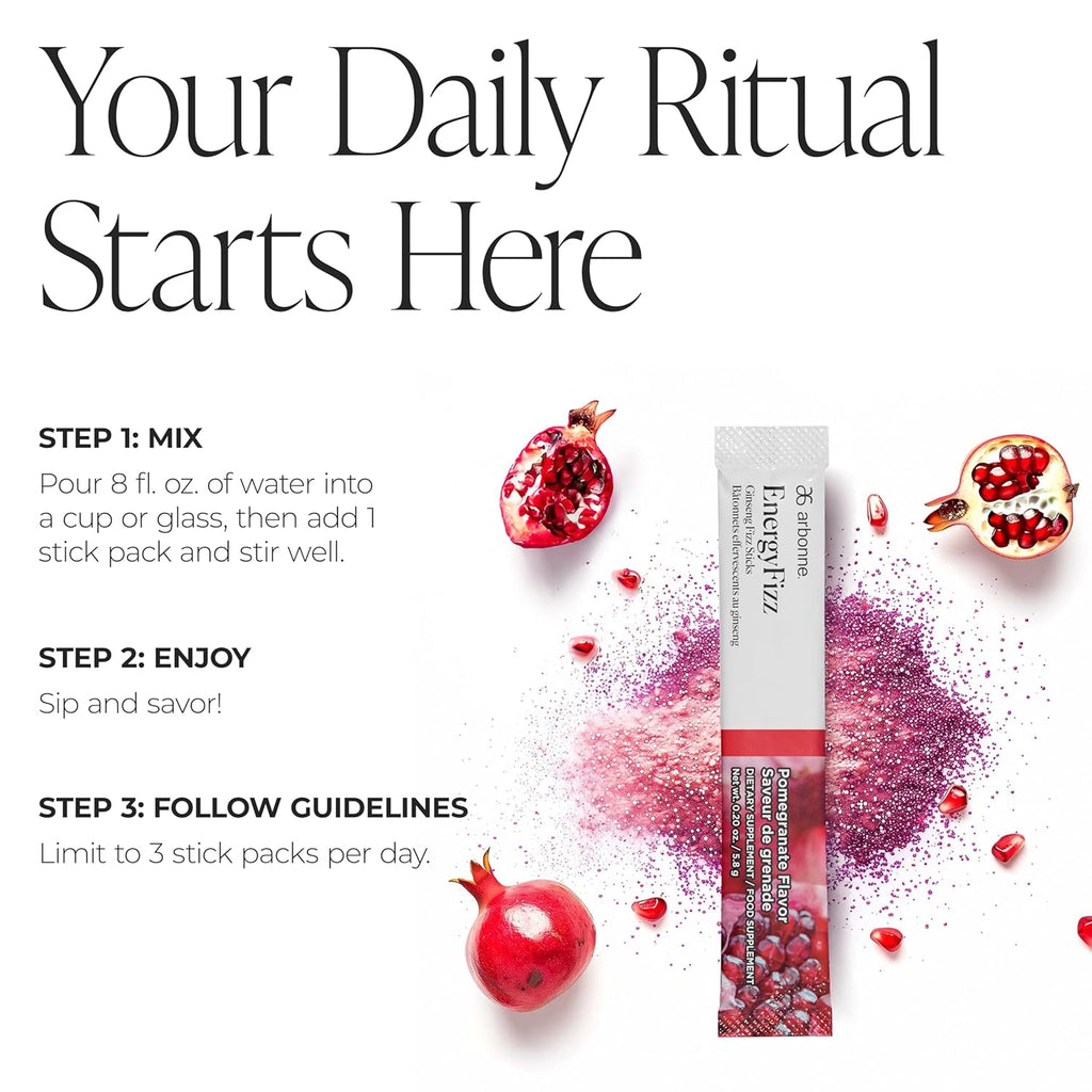 Arbonne Ginseng Energy Supplements - PomegranateFlavor Fizz Sticks, Energy Boost with Caffeine Powder from Guarana and Green Tea, Delicious Alternative to Caffeine Pills
