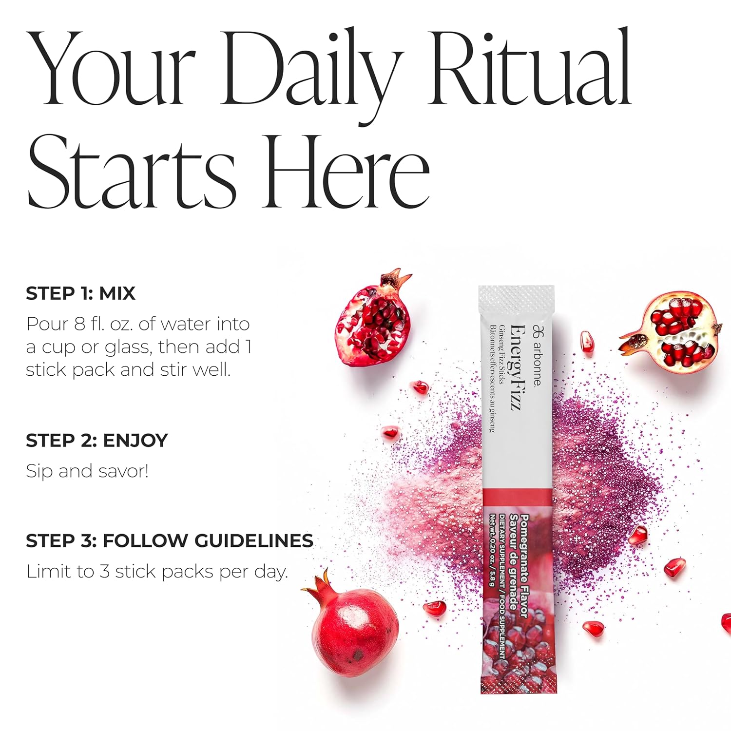 Arbonne Ginseng Energy Supplements - PomegranateFlavor Fizz Sticks, Energy Boost with Caffeine Powder from Guarana and Green Tea, Delicious Alternative to Caffeine Pills
