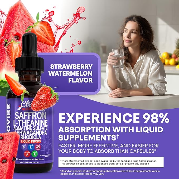 Saffron Supplements Liquid Drops L-Theanine Agmatine Sulfate Ashwagandha Magnesium Glycinate B6 Magnesium Stress Relief Mood Support 5-HTP GABA Supplement Vitamin D 4oz by Clean Nutra