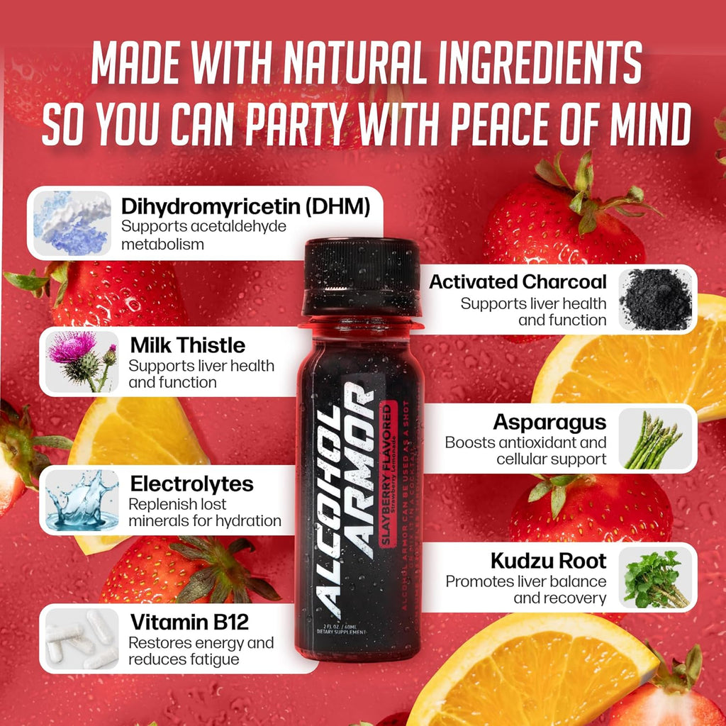 Alcohol Armor Recovery Shot 12-Pack – 2 oz Supplement with Natural DHM, Milk Thistle, Activated Charcoal, Electrolytes & B12 – Dye-Free, Caffeine-Free & Sugar-Free Hydration & Party Support Drink