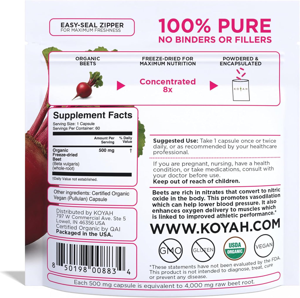 KOYAH Organic Beet Capsules – Freeze-Dried Whole Beet Root – 500 mg Powder per Capsule (Equivalent to 4,000 mg Fresh Beets) – Supports Blood Pressure & Athletic Performance