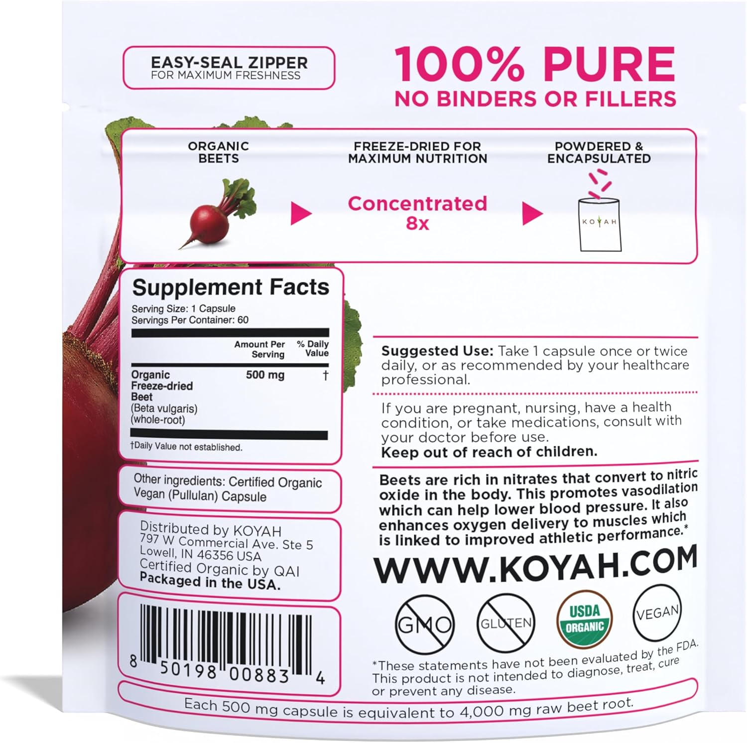 KOYAH Organic Beet Capsules – Freeze-Dried Whole Beet Root – 500 mg Powder per Capsule (Equivalent to 4,000 mg Fresh Beets) – Supports Blood Pressure & Athletic Performance
