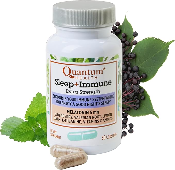 Quantum Health Sleep Immune Melatonin 5mg Support Supplement L Theanine Valerian Root + Elderberry Vitamin C & D Immunity Boost Daily Whole Body Wellness for Women & Men - 30 Capsules