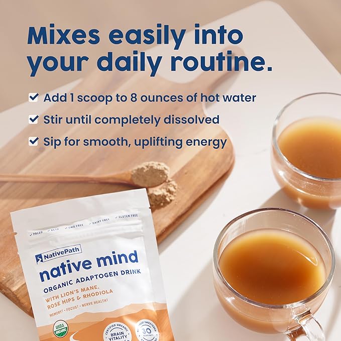 NativePath Native Mind Organic Adaptogen Herbal Support Blend - Organic Mushroom Drink Powder with Lion's Mane, Rhodiola & Rose HIPS - 30 Servings