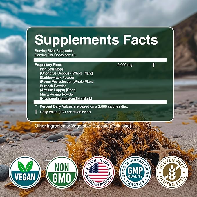 Sea Moss Capsules - Irish Sea Moss Advanced with Burdock Root, Bladderwrack & Muira Puama for Immunity, Gut, & Energy - Superfood Sea Moss Supplements w/Raw Sea Moss Powder, 120 Capsules, (3 Pack)