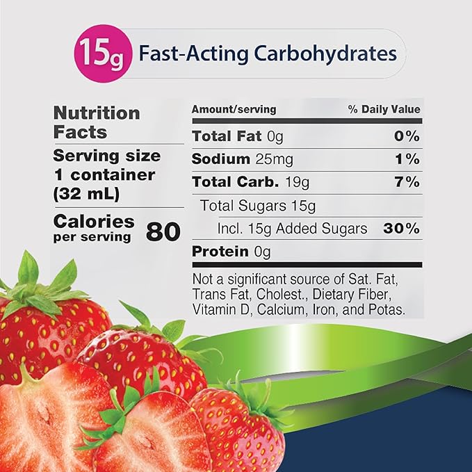 TRUEplus Glucose Gel Pouch, Strawberry Flavor, 15g Fast-Acting Carbohydrates, Fat Free, Gluten Free, Quick Support for Low Blood Sugar and Energy, 12 Pack