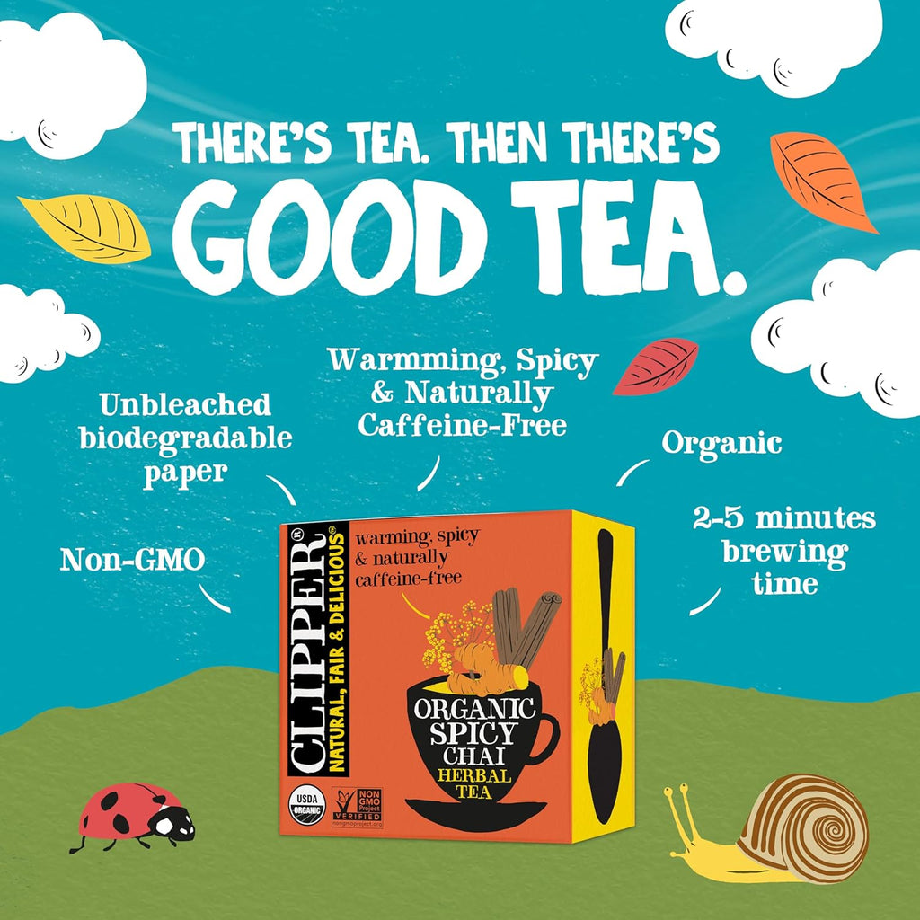 Clipper Tea Spicy Chai Herbal Tea – Caffeine Free, USDA Organic, Great Hot or Iced – Warming, Spicy, Natural, Fair & Delicious – 50 Tea Bags