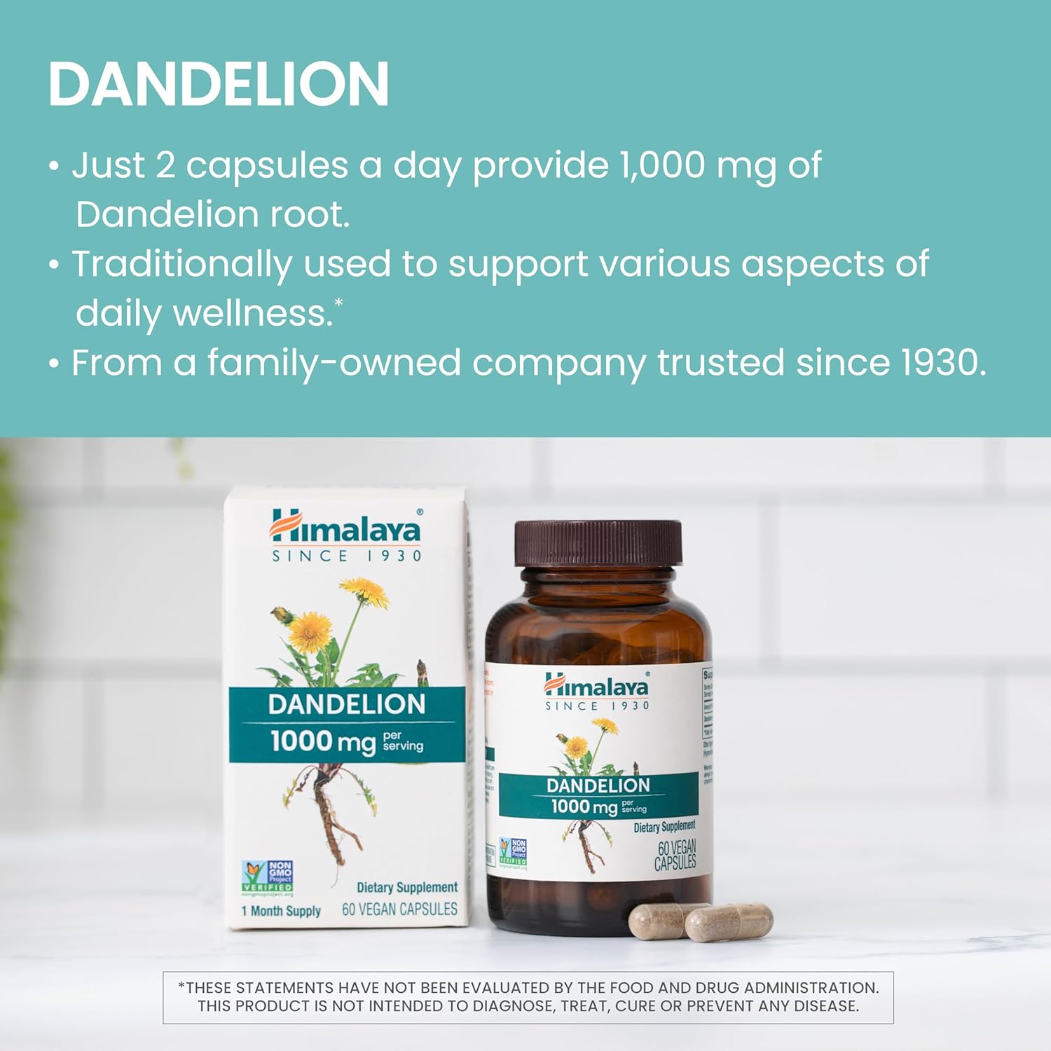 Himalaya Dandelion, Herbal Supplement for Daily Wellness Support, Vegan, Gluten Free, 1,000 mg Dandelion Root, 60 Capsules