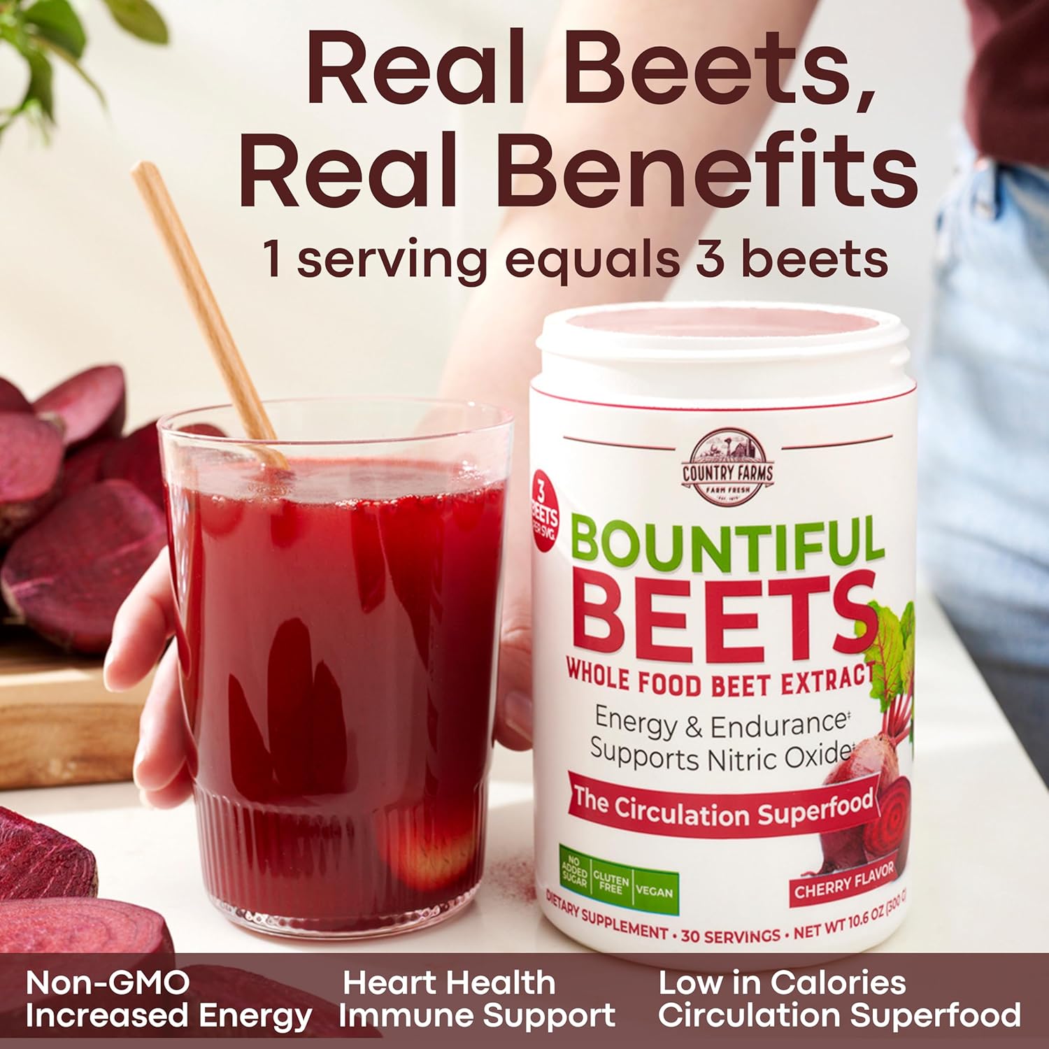 Country Farms Bountiful Beets, Wholefood Beet Extract Superfood, Helps Support Healthy Circulation and Promote Energy, Nitric Oxide Boost, Cherry Flavor, 30 Servings