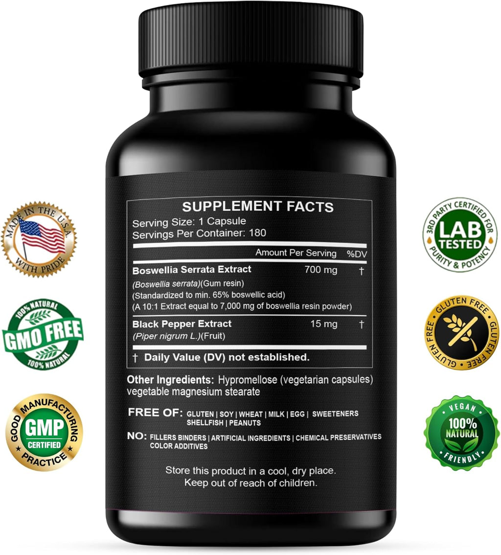 Boswellia Serrata Extract Capsules 65% Boswellic Acid 700mg Equal to 7000mg Resin Powder, Extra Strength & Superior Absorption, 6 Month Supply 180 Vegan Capsules Non-GMO