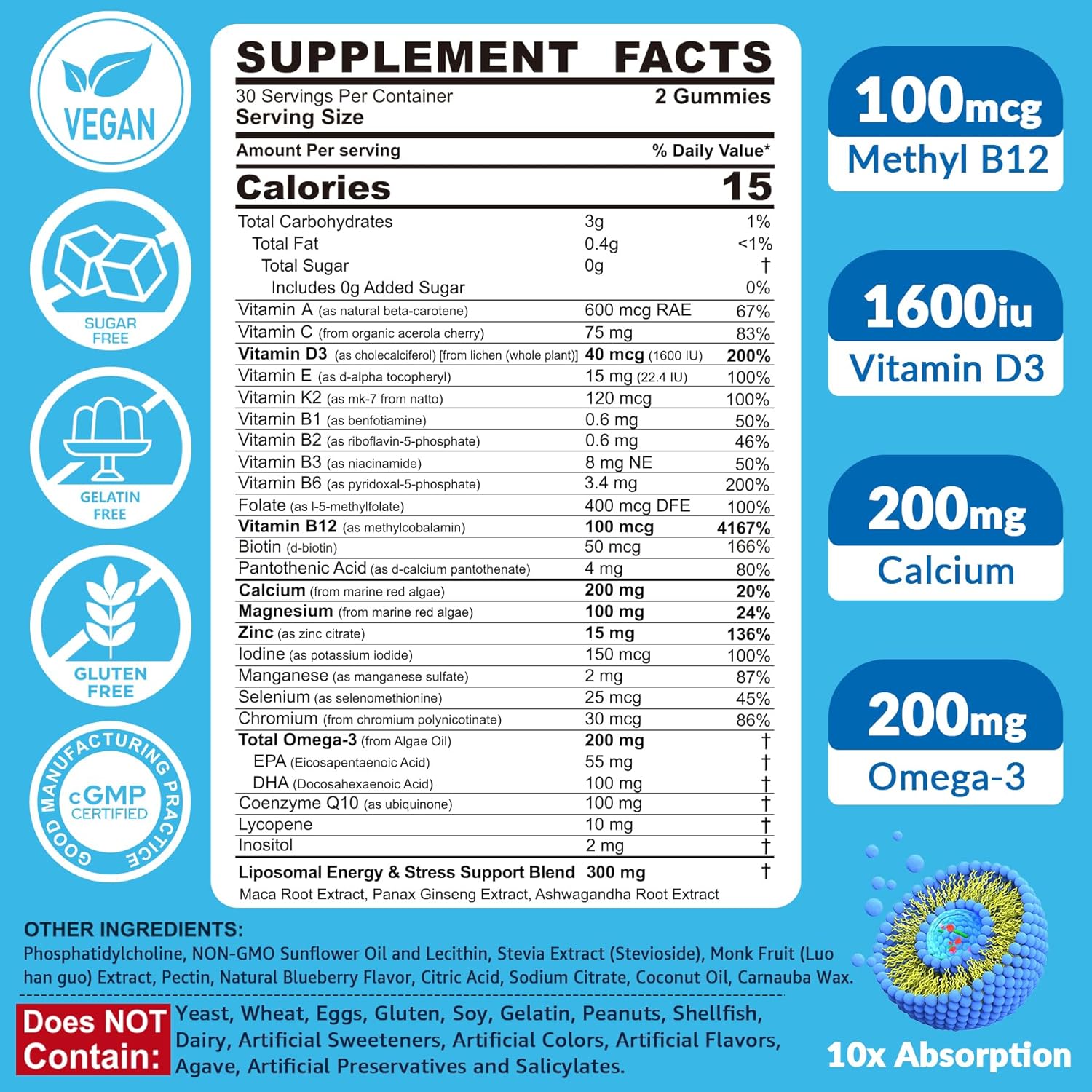 Methylated Multivitamin for Men Gummies, Vegan Omega 3, CoQ10, Zinc, Vitamin A C D3 K2 E B Complex, Calcium, Magnesium, Lycopene - Liposomal Vitamins - Energy, Immune, Bone, Brain, Sugar Free, 120 Cts