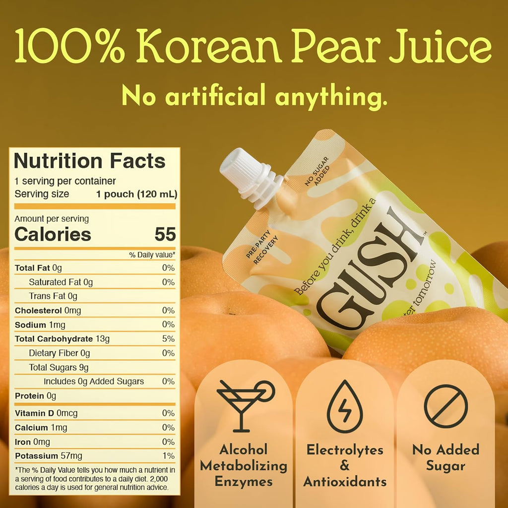 GUSH Pre-Drink Korean Pear Drink - (12 Pack) Pear Hydration Pouch with Enzyme Activation - Prevent Drinking Aftereffects - All Natural, Gluten-Free