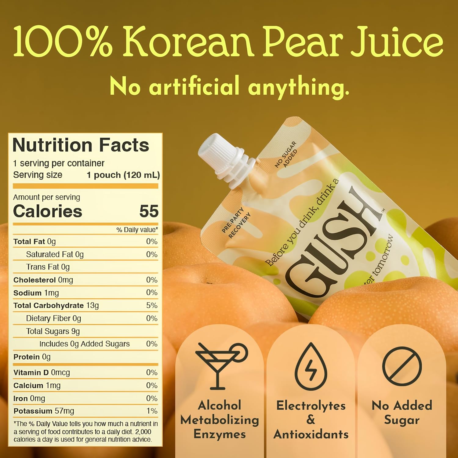 GUSH Pre-Drink Korean Pear Drink - (12 Pack) Pear Hydration Pouch with Enzyme Activation - Prevent Drinking Aftereffects - All Natural, Gluten-Free