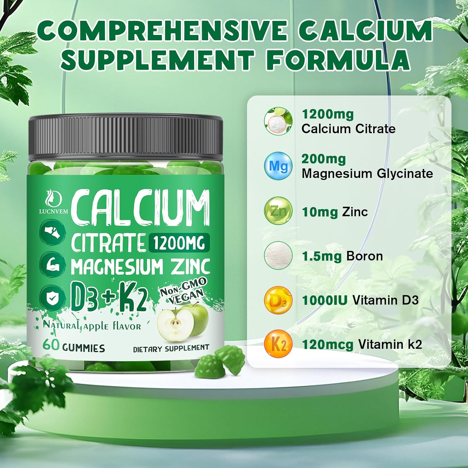 Calcium Citrate 1200 mg with Vitamin D3 Gummies, Calcium Citrate Magnesium Zinc with Vitamin D3 Supplement for Women & Men Bone & Teeth Support, Natural Apple Flavor - 30 Day Vegan Supply