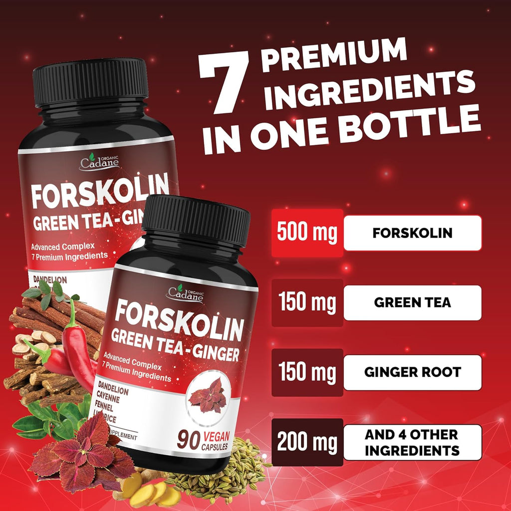 Organic Cadane Forskolin Supplement with Green Tea, Ginger, Dandelion, Cayenne, Fennel, and Licorice| Body Management & Energy Support | Vegan, Non-GMO – 90 Capsules – 45-Day Supply
