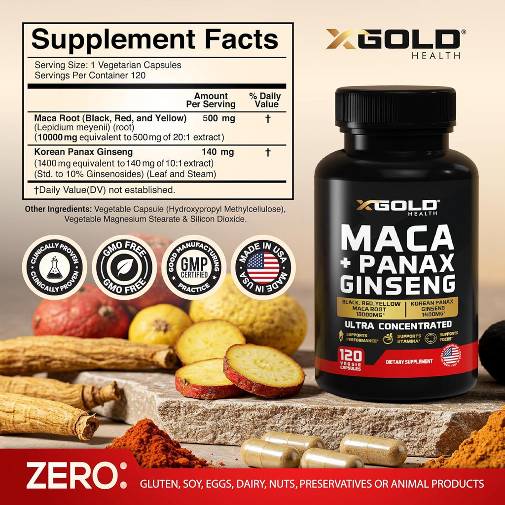 Maca Root Capsules 10,000mg + Korean Panax Ginseng 1,400mg - 20x Concentrated Extract Black + Red + Yellow Maca Root, 10x Concentrated Extract Panax Ginseng Capsules - Ultra Potent & Highly Purified