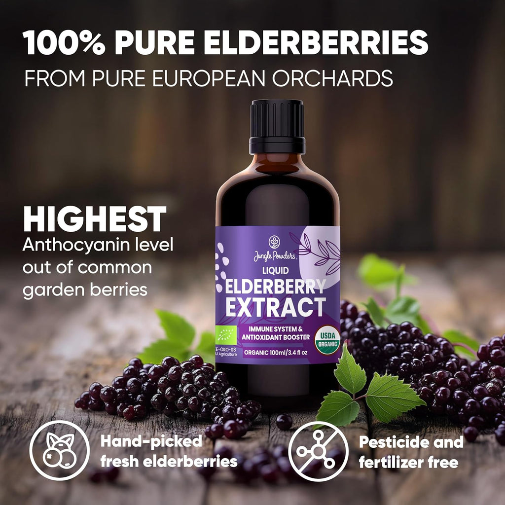 Organic Elderberry Syrup USDA Certified 3.4 fl oz Bottle Liquid Sambucus Elderberry Immune Support Supplement for Kids and Adults Alcohol-Free European Origin Elderberries Extract High Bioavailability