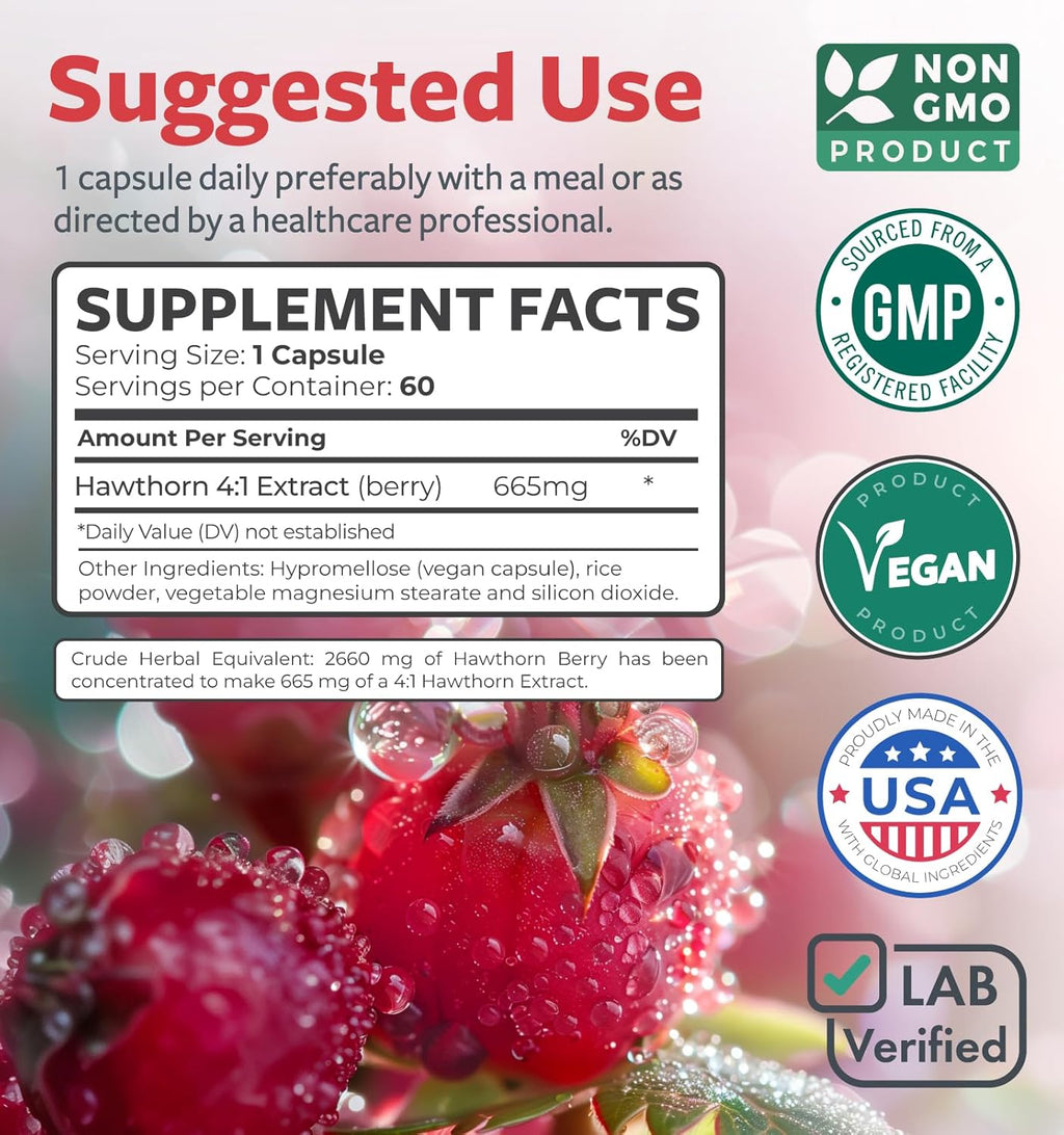 Super Potent Hawthorn Berry Extract Capsules - Hawthorn Berry Supplement Made from Extra Strength Concentrate to Support Heart and Digestive Health - Vegan Non-GMO & Gluten Free (2 Month Supply)