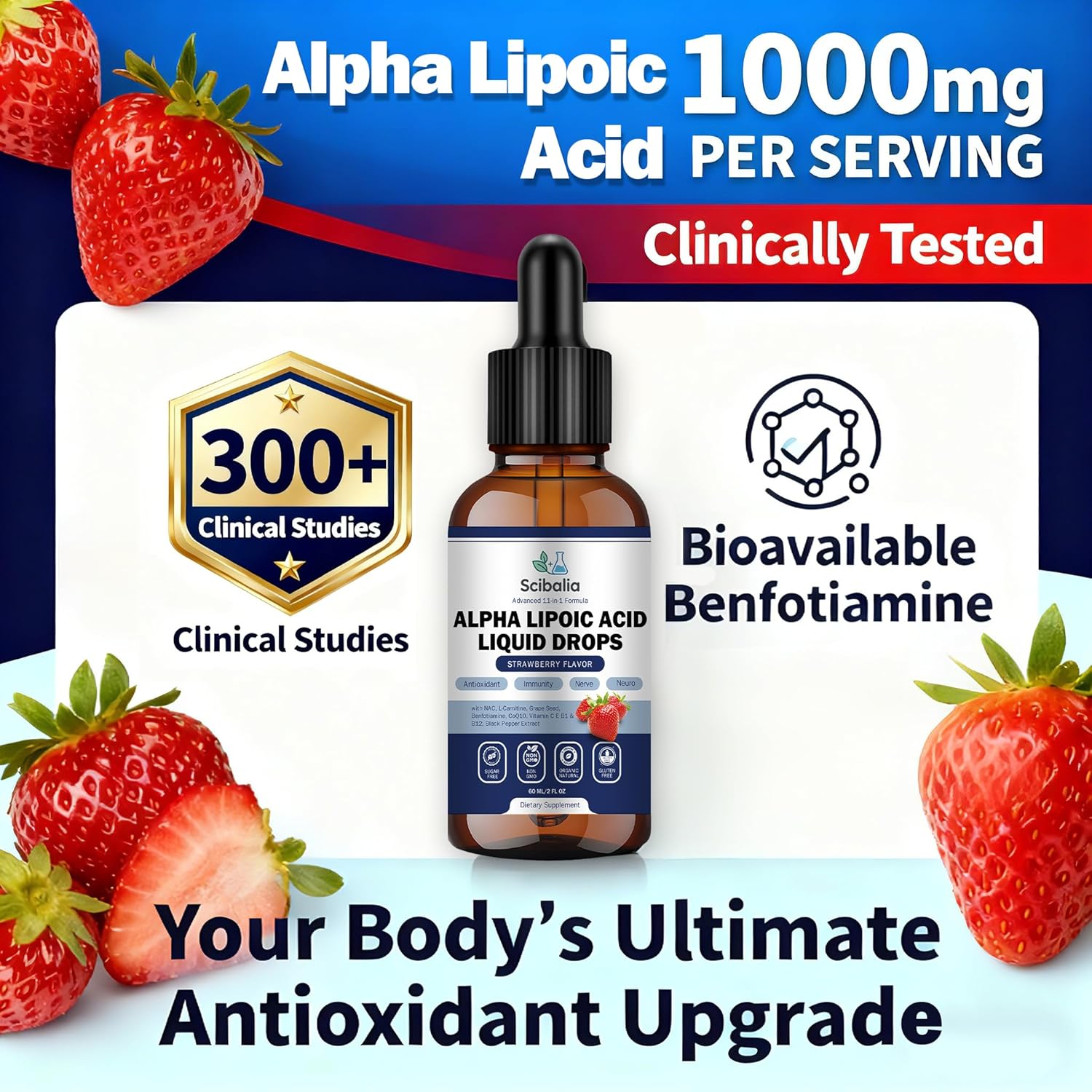 Alpha Lipoic Acid 1000mg Liquid Drops, Max Strength 11-in-1 ALA Supplement w. Acetyl L-Carnitine Benfotiamine & B1 B12 C E, Alpha-Lipoic Acid Nutritional for Neuropathy Nerve Energy Antioxidant