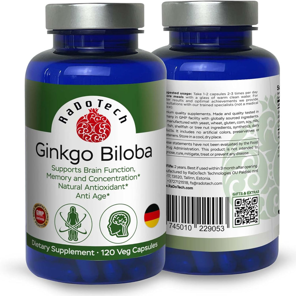 Ginkgo Biloba, Memory, Focus & Brain Function Support, Antioxidant-Rich, Plant-Based, GMP, Herbal Nootropic Vegetarian Capsules, 120 Count (Pack of 1)