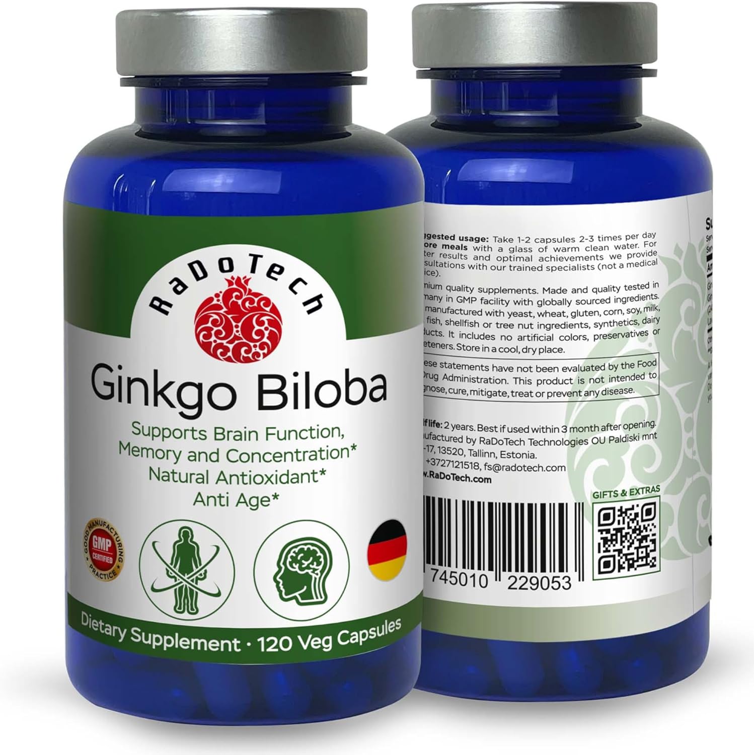 Ginkgo Biloba, Memory, Focus & Brain Function Support, Antioxidant-Rich, Plant-Based, GMP, Herbal Nootropic Vegetarian Capsules, 120 Count (Pack of 1)