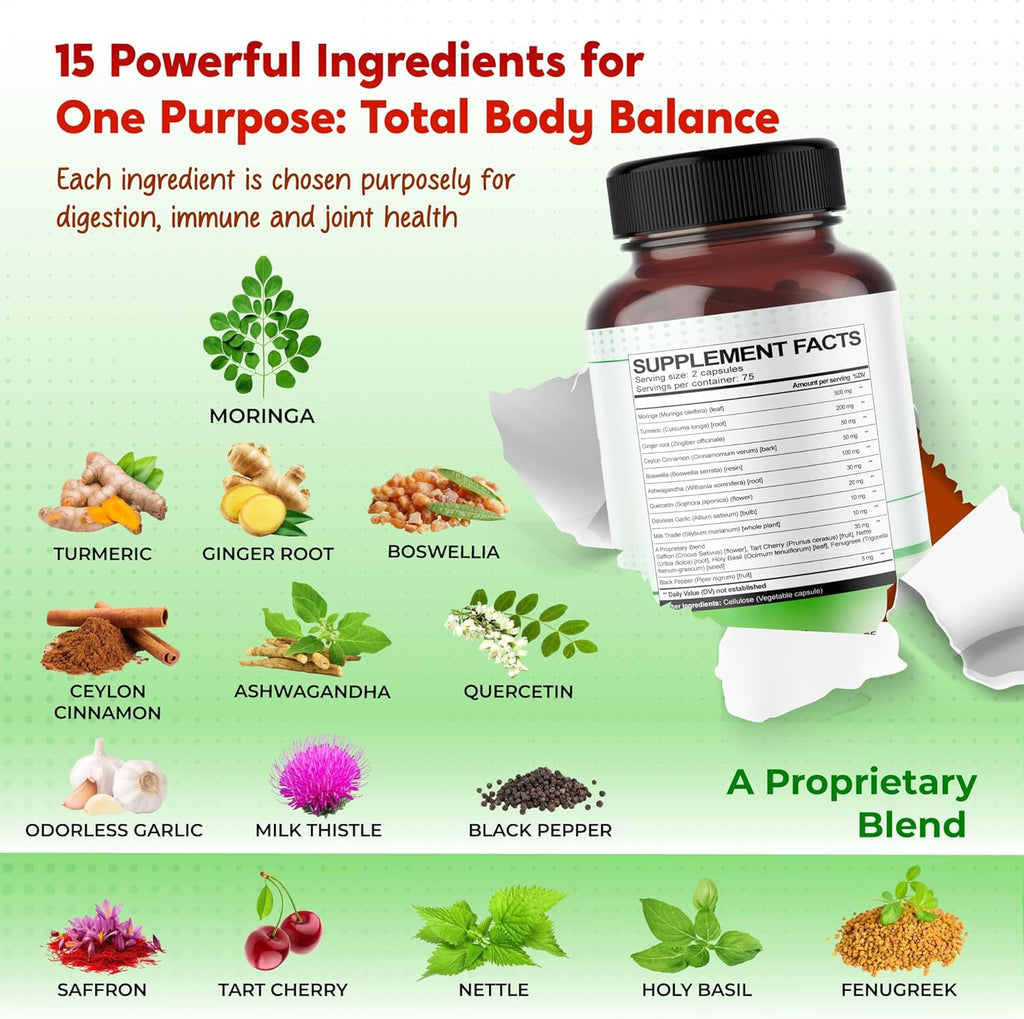 Moringa, Turmeric, Ginger Root, Ceylon Cinnamon, Boswellia