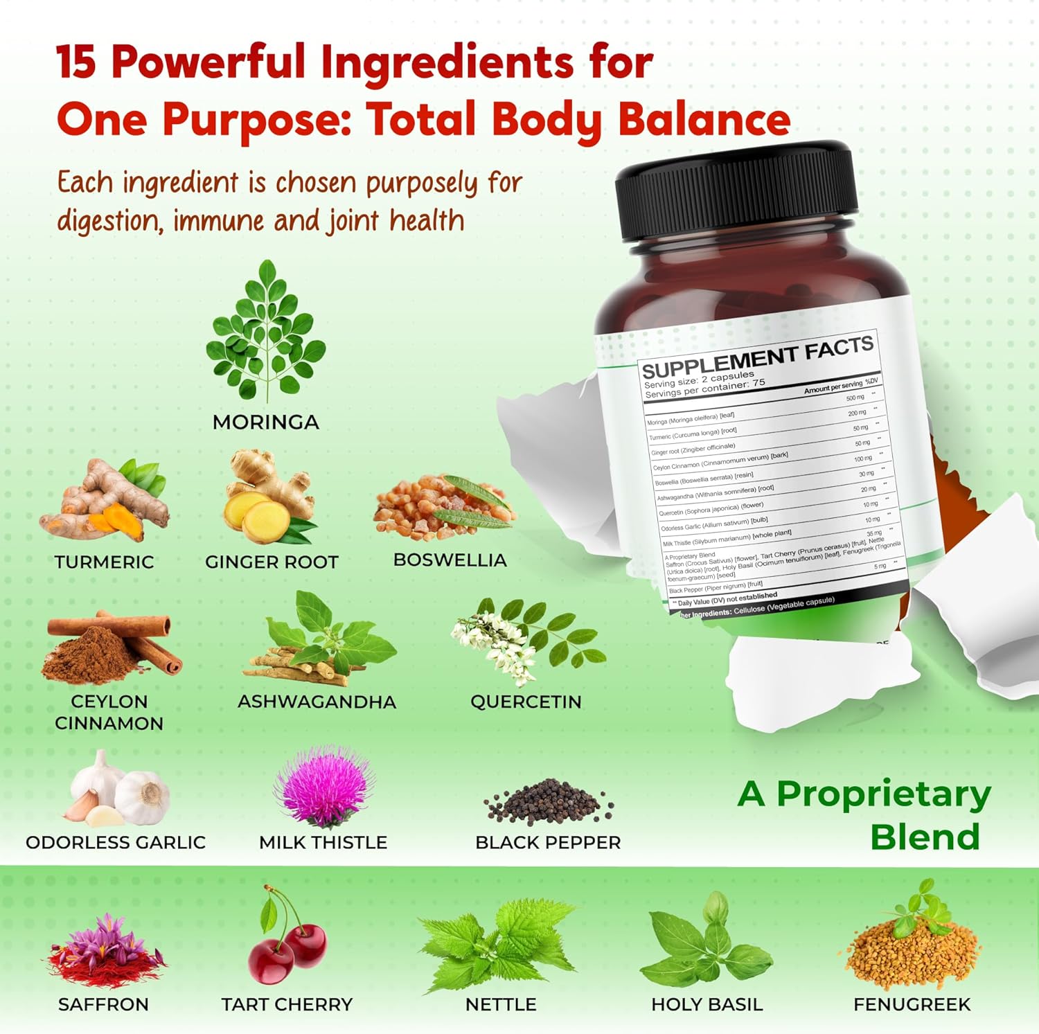 Moringa, Turmeric, Ginger Root, Ceylon Cinnamon, Boswellia